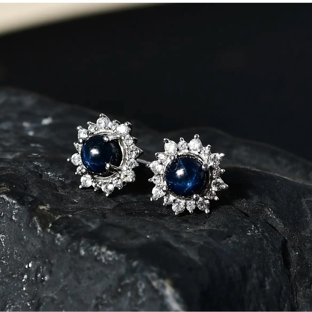 Blue Star Sapphire, White Zircon Earrings. NWT
